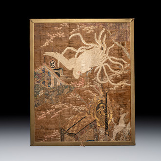 A Japanese embroidered silk 'phoenix' panel, Meiji, 19th C.