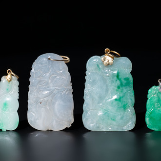 Four Chinese jadeite pendants with gold and silver mounts, 19/20th C.