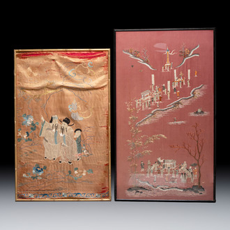 Two embroidered silk panels with figural design, China and Vietnam, 19th C.