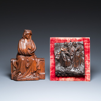 A carved oak figure of a seated Mary and a panel with Saint John the Baptist and Mary, Flanders and/or Northern France, 15/16th C.