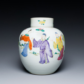A Chinese famille rose jar and cover with figural design, Yongzheng