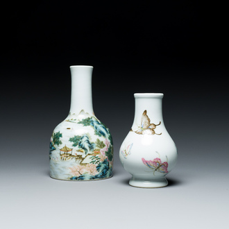 A Chinese famille rose 'riverscape' vase and a 'butterfly' vase, 20th C.