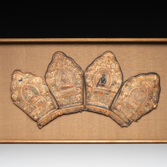 A framed Tibetan silk-embroidered four-leaf ritual crown with Transcendent Buddhas, 18th C.