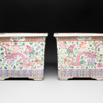 A pair of Chinese famille rose 'Dragon and Phoenix' square jardinières, 19th C.