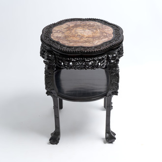 A Chinese hongmu two-tier stand with marble top, Canton 19th C.