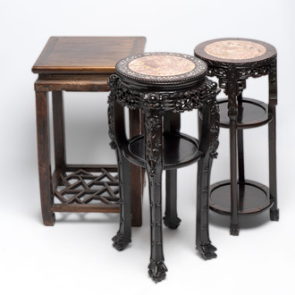 Two Chinese homgmu two-tier stands with marble top and a wooden square stand, 19/20th C.