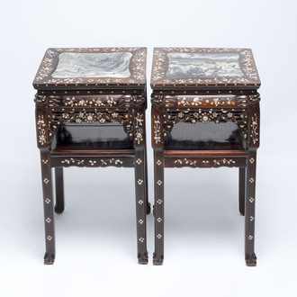 A pair of Chinese hongmu two-tier stands with marble top and mother-of-pearl inlay, Canton, 19th C.