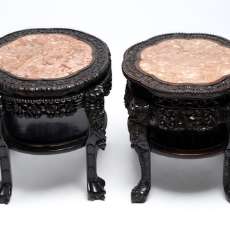 Two Chinese marble-topped hongmu two-tier stands, 19/20th C.