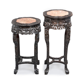 Two Chinese hongmu stands with marble top, Canton, 19th C.