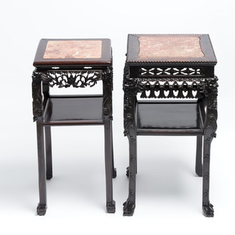 Two Chinese marble-topped hongmu two-tier square stands, 19/20th C.