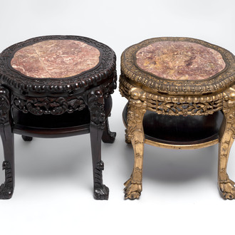Two Chinese marble-topped hongmu two-tier stands, one with later gilding, 19/20th C.