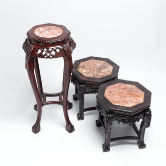 Three Chinese hongmu stands with marble top, 20th C.