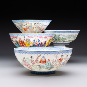Four Chinese famille rose eggshell bowls with 'immortals' and 'landscape' design, Republic