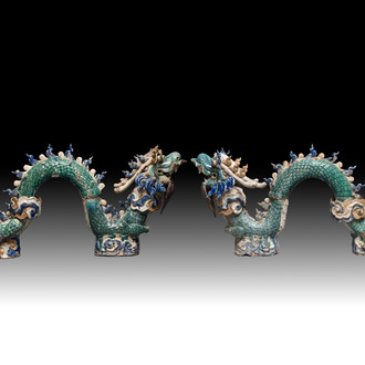 A pair of large Chinese polychrome-glazed Shiwan stoneware dragons, 19th C.