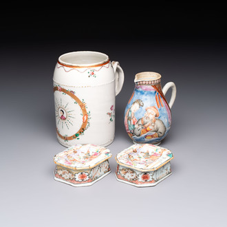 A Chinese famille rose export milk jug, two salts and a barrel-shaped tankard, Qianlong