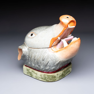 A rare Chinese famille rose 'boar head' tureen and cover, Qianlong