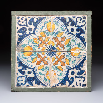 A framed set of four Antwerp maiolica ornamental tiles, ca. 1580