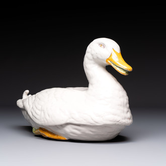 A polychrome French faience duck tureen and cover, Marseille, 18th C.