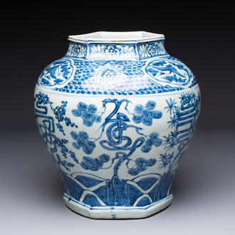 A Chinese blue and white hexagonal 'Three Friends of Winter' and 'shou 壽' vase, Wanli