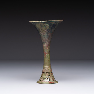 A Chinese archaic bronze wine vessel, 'gu 觚', early Shang