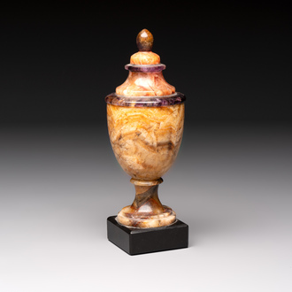 An English Blue John urn on black marble base, ca. 1900