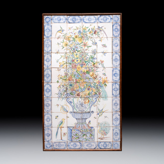 A polychrome Delftware 'flower vase and birds' tile mural, 20th C.