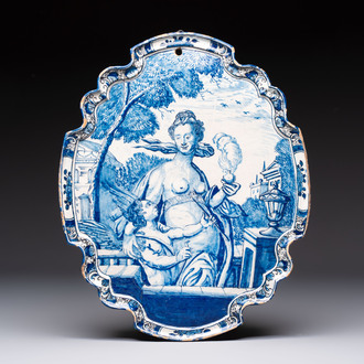 A fine blue and white Dutch Delft plaque with Venus and Amor, after an engraving by Hendrick Goltzius, 18th C.
