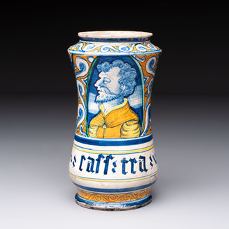 A polychrome Italian maiolica albarello of 'Orsini-Colonna' type with a male bust, Castelli, 2nd quarter 16th C.