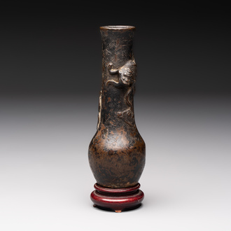 A small Chinese bronze vase with a chilong on a wooden stand, Yuan