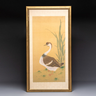 Chinese school: 'A standing goose', ink and colour on silk, 19/20th C.