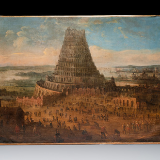 Flemish school: 'The Tower of Babel', oil on canvas, 17th C.