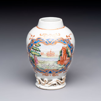 A rare Chinese famille rose 'European musical subject' tea caddy, Qianlong