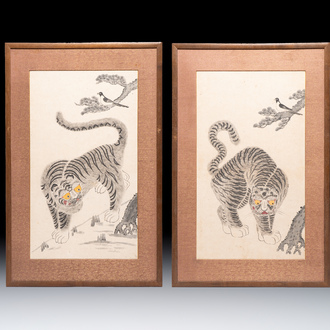 Korean school: 'A pair of tiger paintings', ink and colour on paper, Joseon, 19th C.