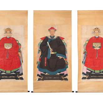 Chinese school: three ancestor portraits, ink and colour on paper, 19/20th C.