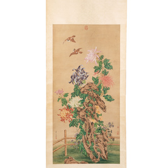 Follower of Zou Yigui 邹一桂(1686-1772): 'Chrysanthemum', ink and colour on paper, 20th C.