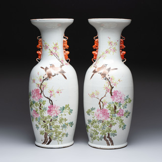 A pair of Chinese qianjiang cai 'birds among flowering branches' vases, signed Wang Yongyuan 汪永源, dated 1900
