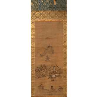 Japanese school: 'Immortals', ink and colour on silk, seal mark of Kano Motonobu 狩野元信, probably 16th C.