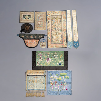 A group of 11 Chinese embroidered silk panels, purses and ornaments, 19/20th C.