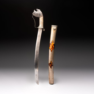 An Indonesian 'pedang palembang' sword with a silver-alloy-mounted and tortoiseshell-veneered scabbard, Sumatra, 19th C.