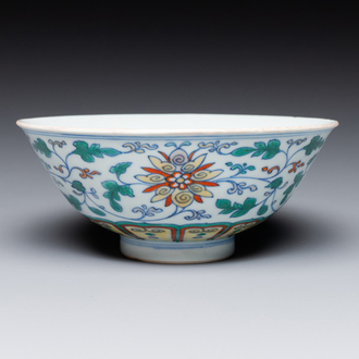 A Chinese doucai 'lotus scroll' bowl, Qianlong mark and of the period