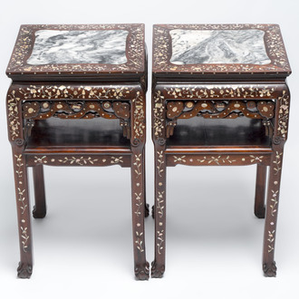 A pair of Chinese hongmu two-tier stands with marble top and mother-of-pearl inlay, Canton, 19th C.