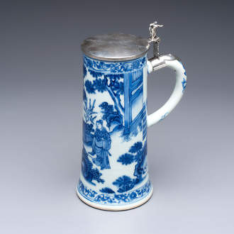 A fine Chinese blue and white tankard with Dutch silver cover, Transitional period