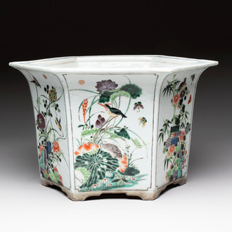 A rare Chinese famille verte hexagonal jardinière with birds among flowering branches, double Fu mark, Kangxi