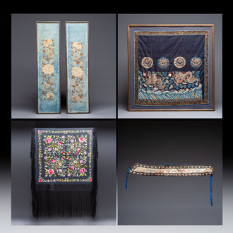 A fine Chinese kesi square 'dragon' panel and four silk embroideries with floral design, 19th C