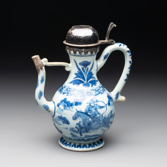 A Chinese silver-mounted blue and white 'Mongolian hunt' ewer, Transitional period