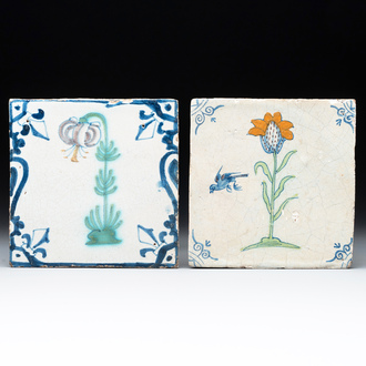 Two polychrome Dutch Delft 'flower' tiles, 17th C.