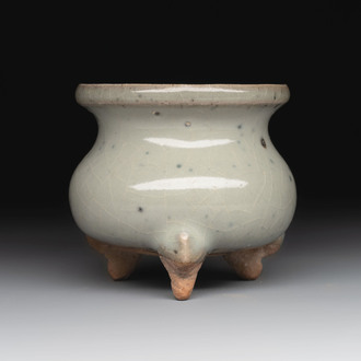 A small Chinese green-glazed 'jun' tripod censer, Hebi kilns, Song/Yuan