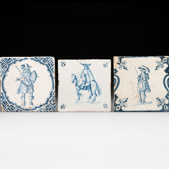 Three fine blue and white Dutch Delft 'soldier' tiles, 17th C.