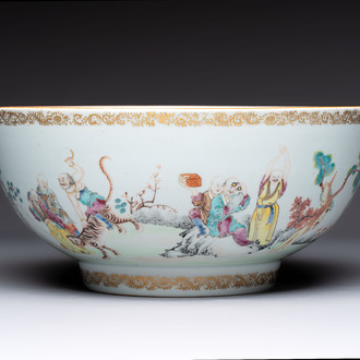A Chinese famille rose '18 Luohan' punch bowl, Qianlong