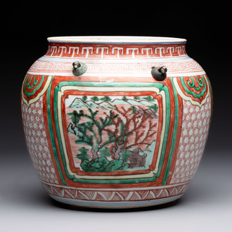 A Chinese wucai bowl with landscape panels, Transitional period